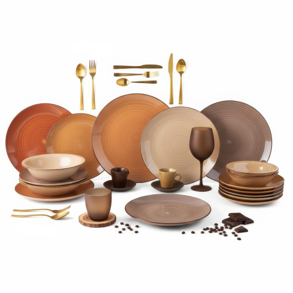 Collezione Autunno 2026 Villa d'Este Home Tivoli, piatti, bicchieri e accessori nelle sfumature Chocolate e Mocha Mousse