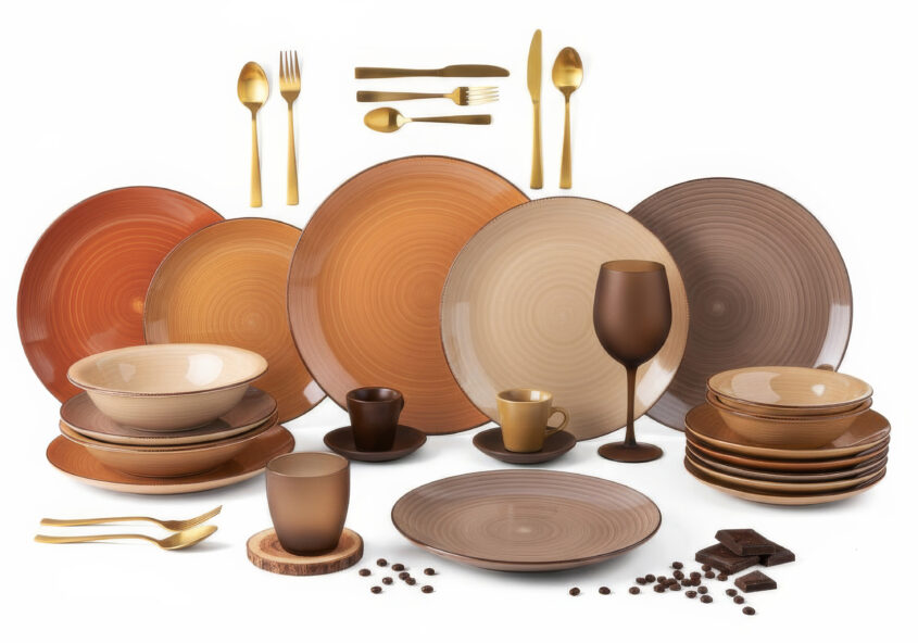 Collezione Autunno 2026 Villa d'Este Home Tivoli, piatti, bicchieri e accessori nelle sfumature Chocolate e Mocha Mousse