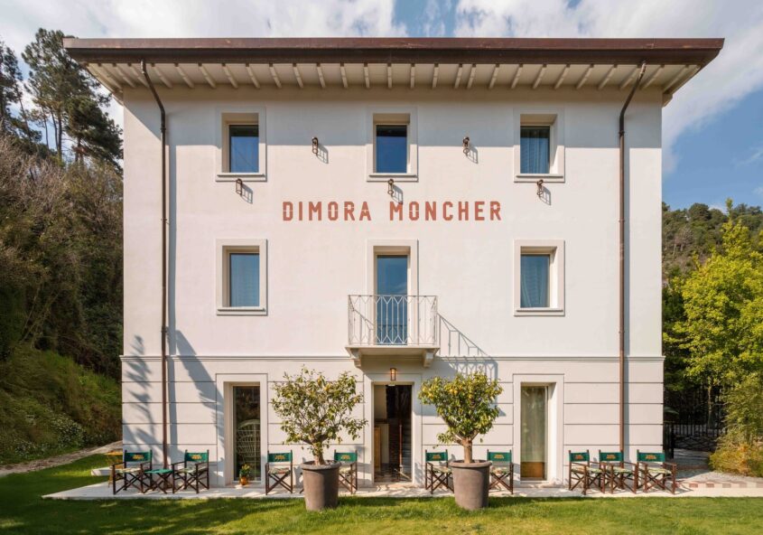Facade of Dimora Moncher, a restored 1930s villa in Montignoso