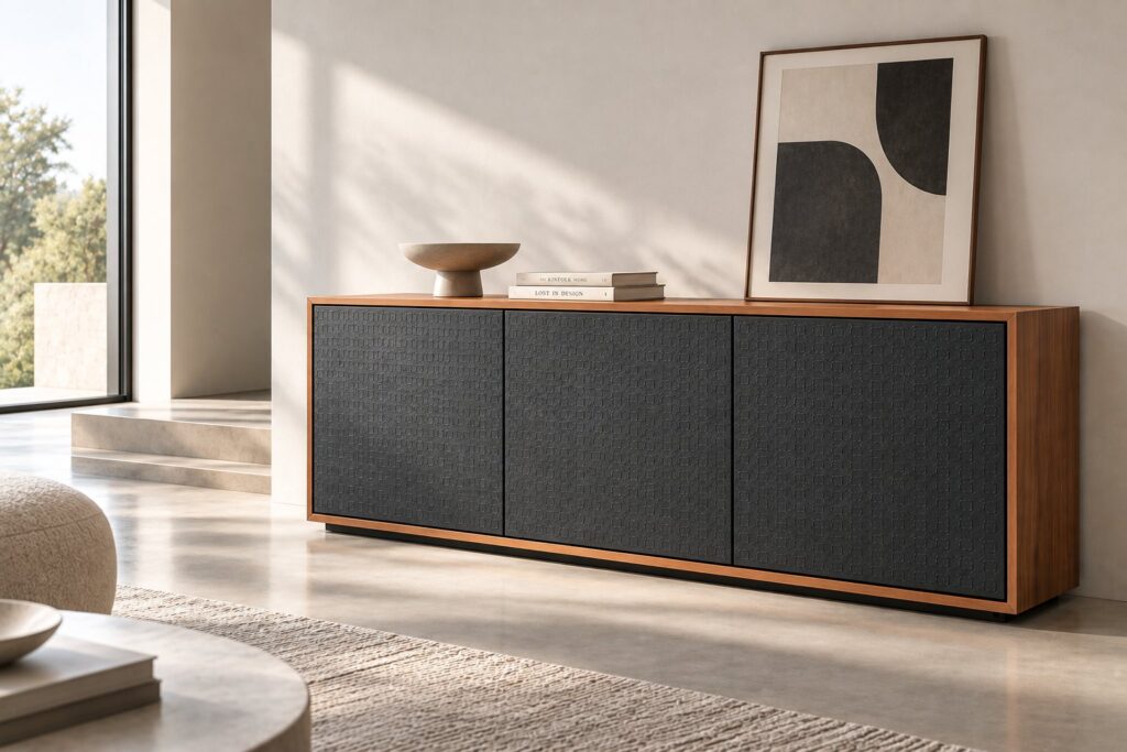 La Madia HORM e DORSUM® in un living luminoso con frontali scuri a rilievo e struttura in legno
