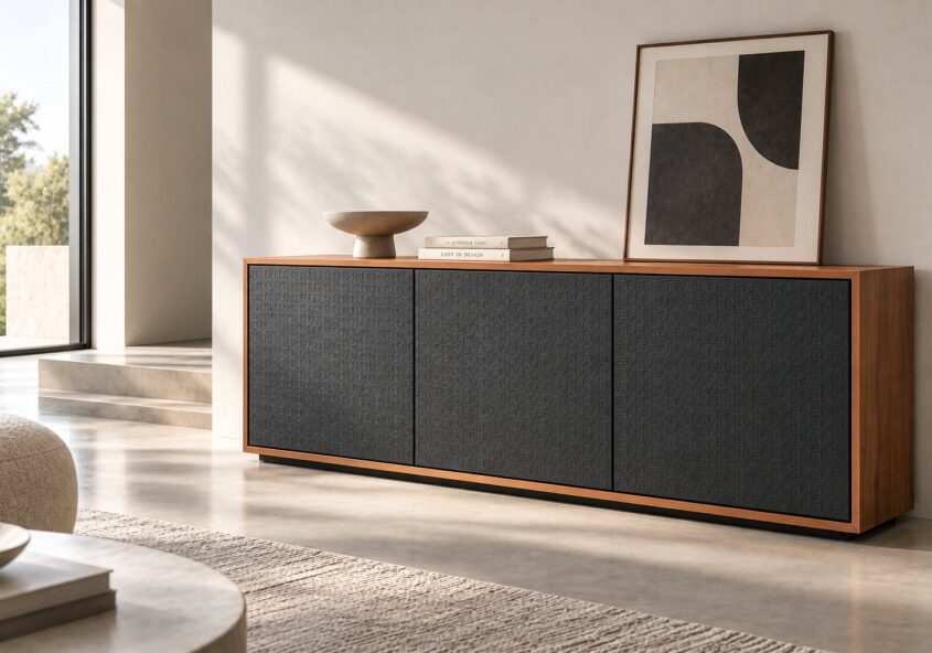 La Madia HORM e DORSUM® in un living luminoso con frontali scuri a rilievo e struttura in legno