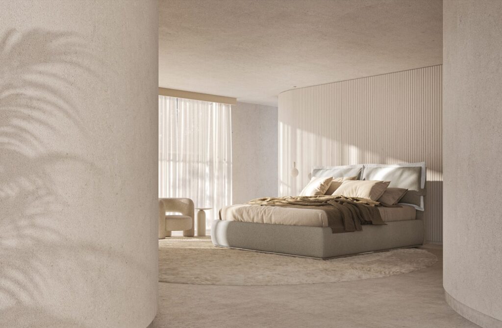 Letto personalizzato Lanuit Beatrice in tessuto chiaro in una camera da letto luminosa