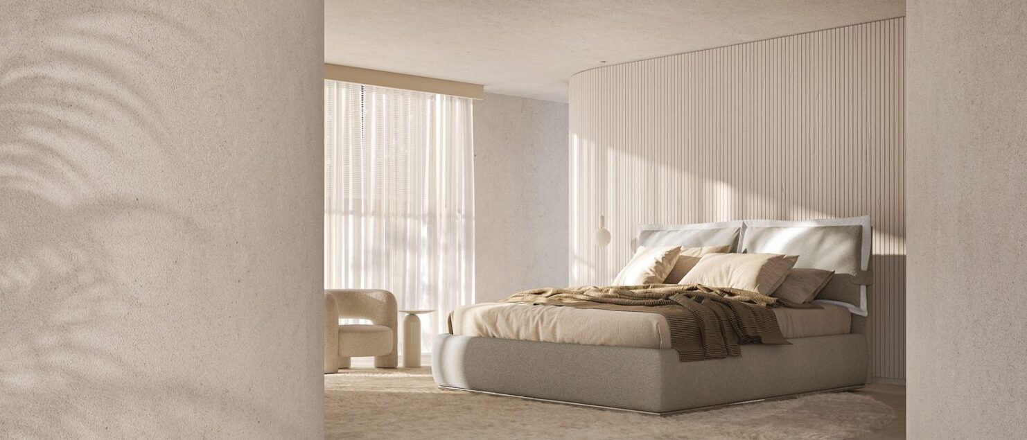Letto personalizzato Lanuit Beatrice in tessuto chiaro in una camera da letto luminosa