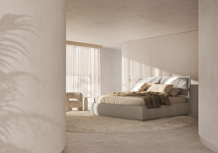 Letto personalizzato Lanuit Beatrice in tessuto chiaro in una camera da letto luminosa